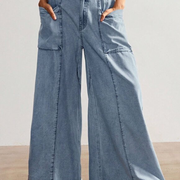 Blue Casual Women's Woven Loose Wide Leg Pants Wide Leg Oversized Baggy Jeans - Picture 6 of 7